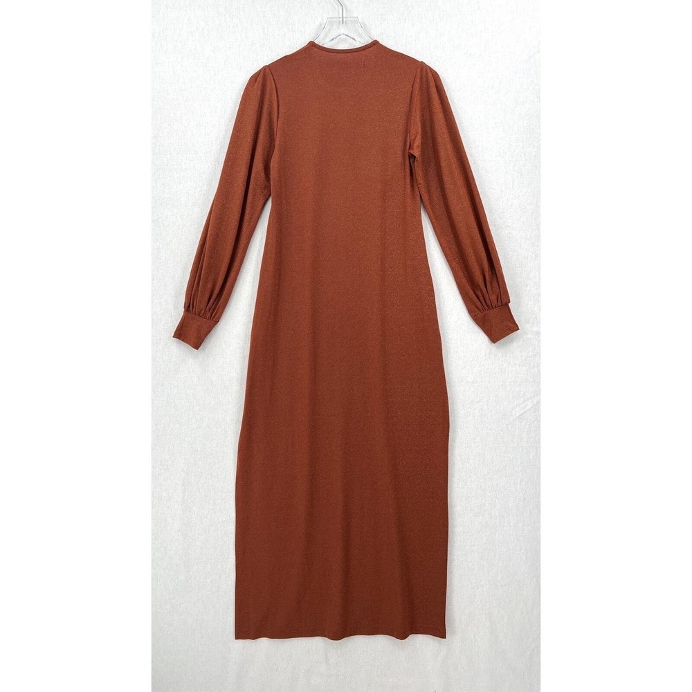 ENZA COSTA Lurex Jersey Split Maxi Dress Small Copper Sparkle Long Sleeve Retro - Picture 5 of 16